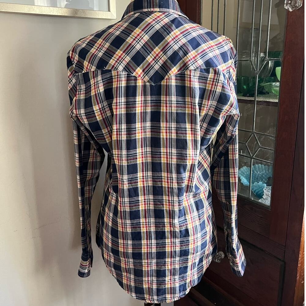 Vintage 70s Men's Plaid Pearl Snap Shirt Size 38 Blue Yellow Americana 38 Unisex - Picture 5 of 17